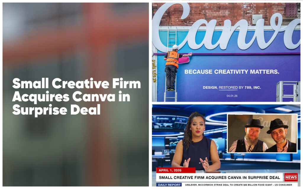 April Fools’ collage featuring the headline “Small Creative Firm Acquires Canva in Surprise Deal,” alongside a mock Canva billboard and a spoof news broadcast.